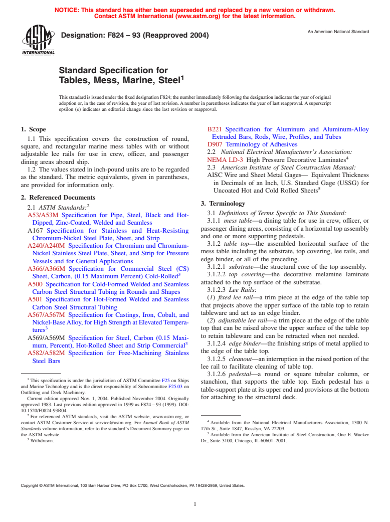 ASTM F824-93(2004) - Standard Specification for Tables, Mess, Marine, Steel
