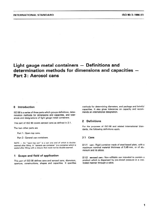 ISO 90-3:1986 - Light gauge metal containers -- Definitions and determination methods for dimensions and capacities