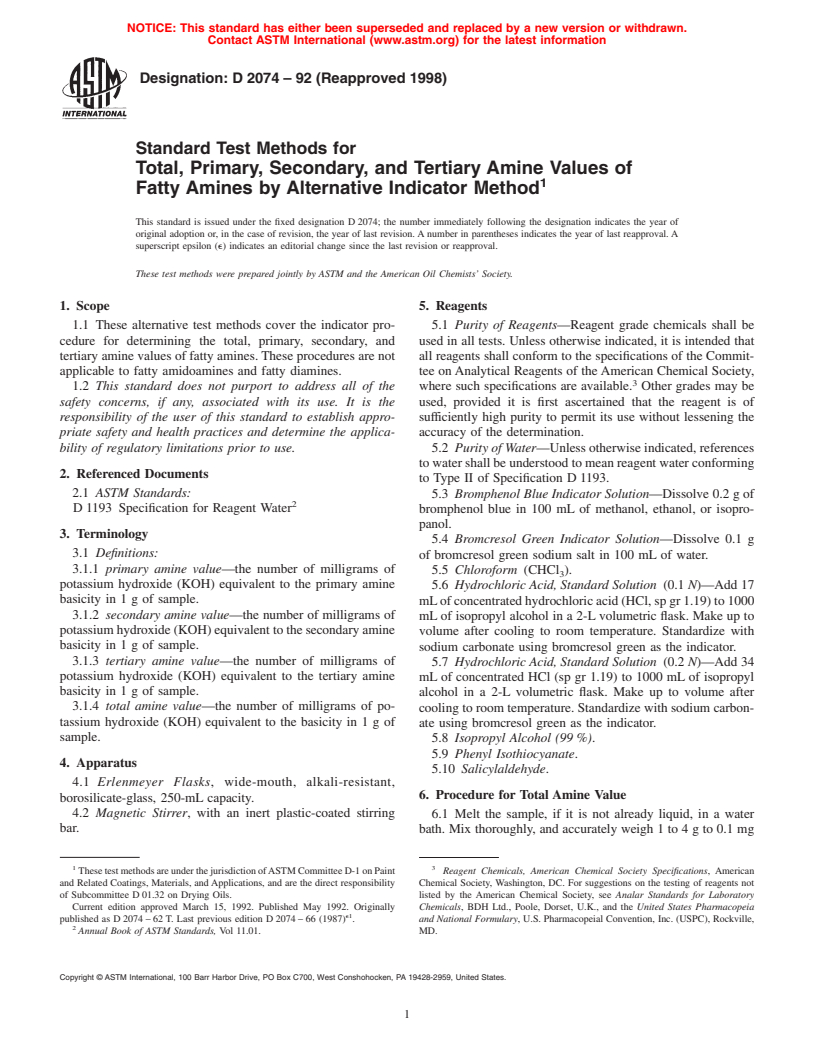 ASTM D2074-92(1998) - Standard Test Methods for Total, Primary, Secondary, and Tertiary Amine Values of Fatty Amines by Alternative Indicator Method (Withdrawn 2007)