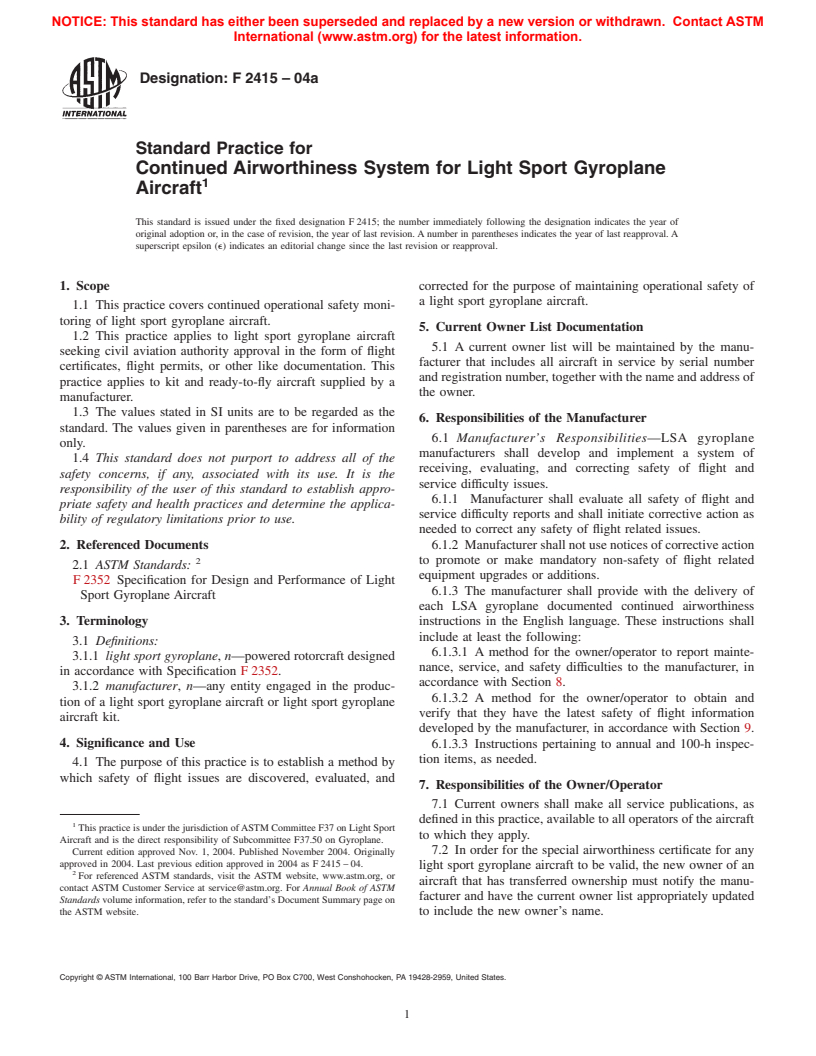 ASTM F2415-04a - Standard Practice for Continued Airworthiness System for Light Sport Gyroplane Aircraft