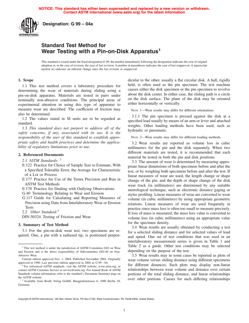 ASTM G99-04a - Standard Test Method for Wear Testing with a Pin-on-Disk Apparatus