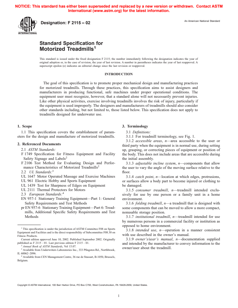 ASTM F2115-02 - Standard Specification for Motorized Treadmills