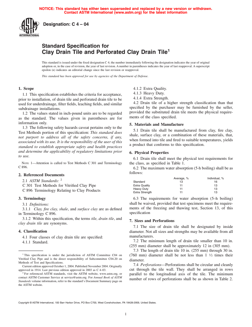 ASTM C4-04 - Standard Specification for Clay Drain Tile and Perforated Clay Drain Tile