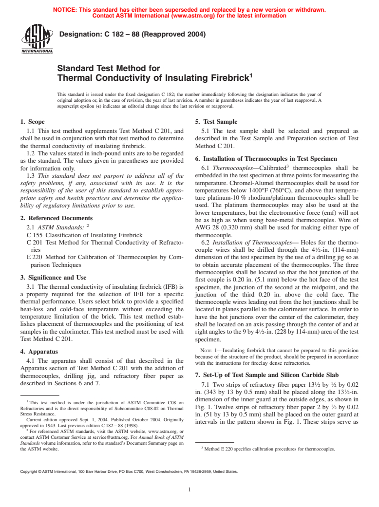 ASTM C182-88(2004) - Standard Test Method for Thermal Conductivity of Insulating Firebrick