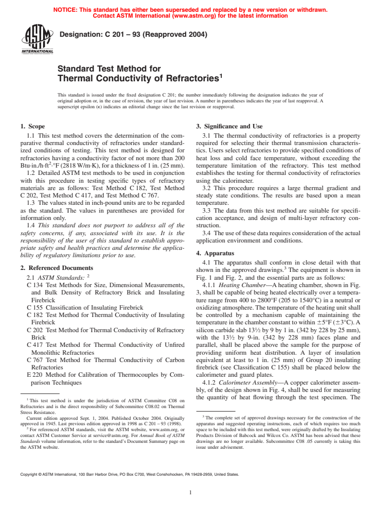 ASTM C201-93(2004) - Standard Test Method for Thermal Conductivity of Refractories