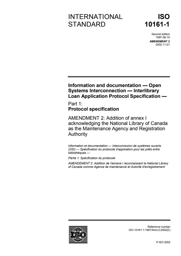 ISO 10161-1:1997/Amd 2:2002 - Addition of annex I acknowledging the National Library of Canada as the Maintenance Agency and Registration Authority