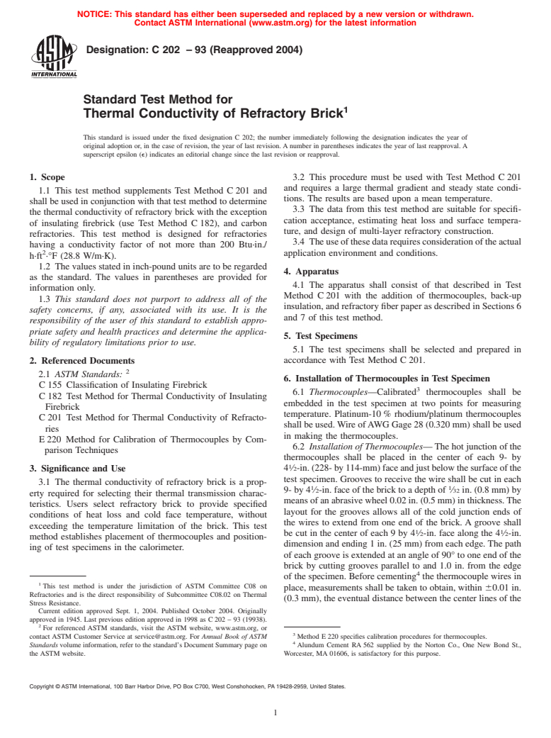 ASTM C202-93(2004) - Standard Test Method for Thermal Conductivity of Refractory Brick