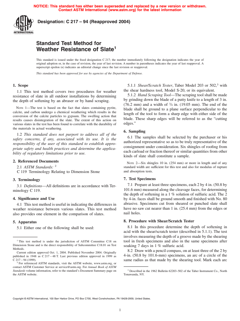 ASTM C217-94(2004) - Standard Test Method for Weather Resistance of Slate