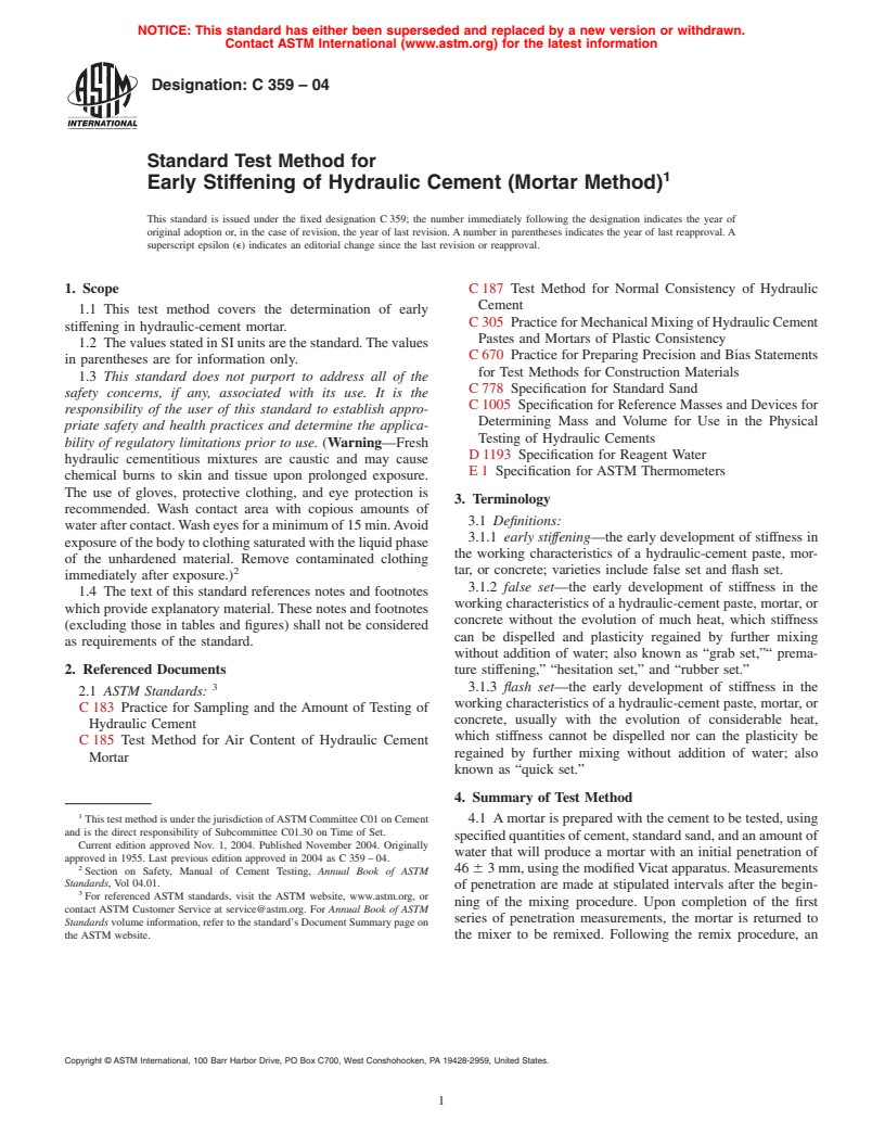 ASTM C359-04 - Standard Test Method for Early Stiffening of Hydraulic Cement (Mortar Method)