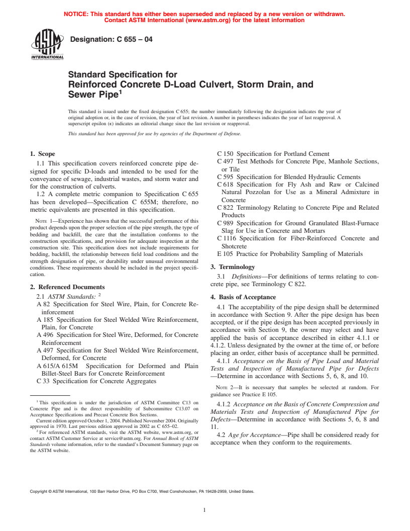 ASTM C655-04 - Standard Specification for Reinforced Concrete D-Load Culvert, Storm Drain, and Sewer Pipe
