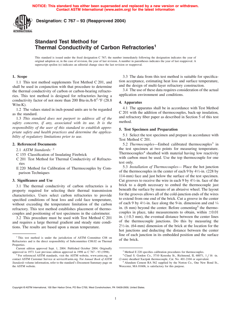 ASTM C767-93(2004) - Standard Test Method for Thermal Conductivity of Carbon Refractories