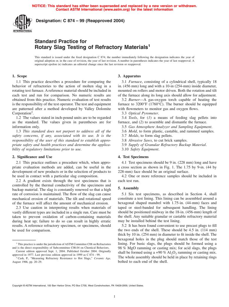 ASTM C874-99(2004) - Standard Practice for Rotary Slag Testing of Refractory Materials