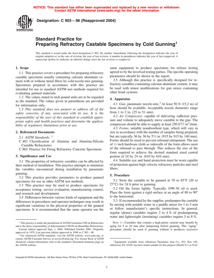 ASTM C903-98(2004) - Standard Practice for Preparing Refractory Castable Specimens by Cold Gunning