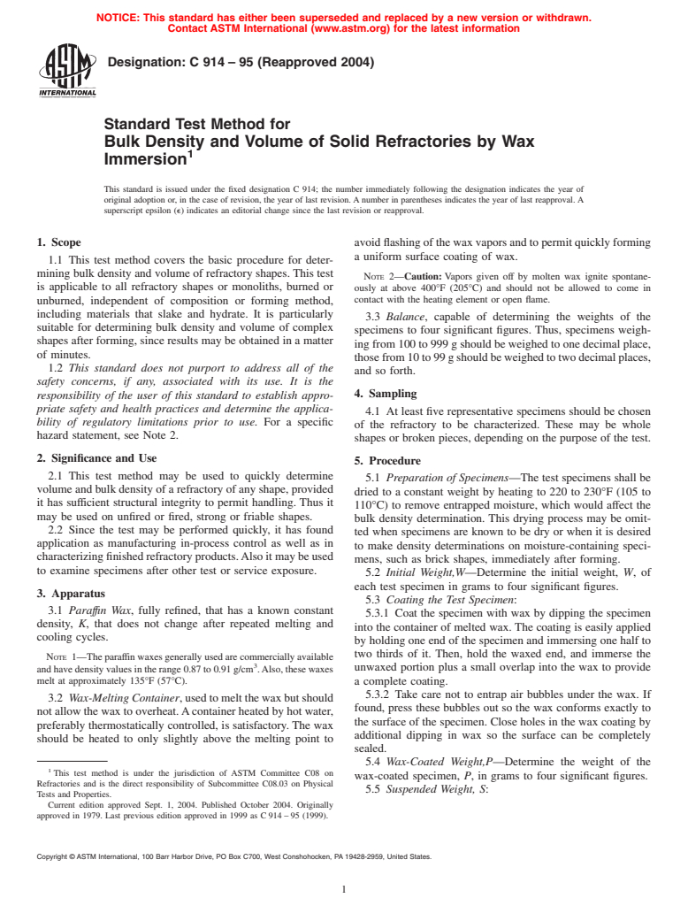 ASTM C914-95(2004) - Standard Test Method for Bulk Density and Volume of Solid Refractories by Wax Immersion