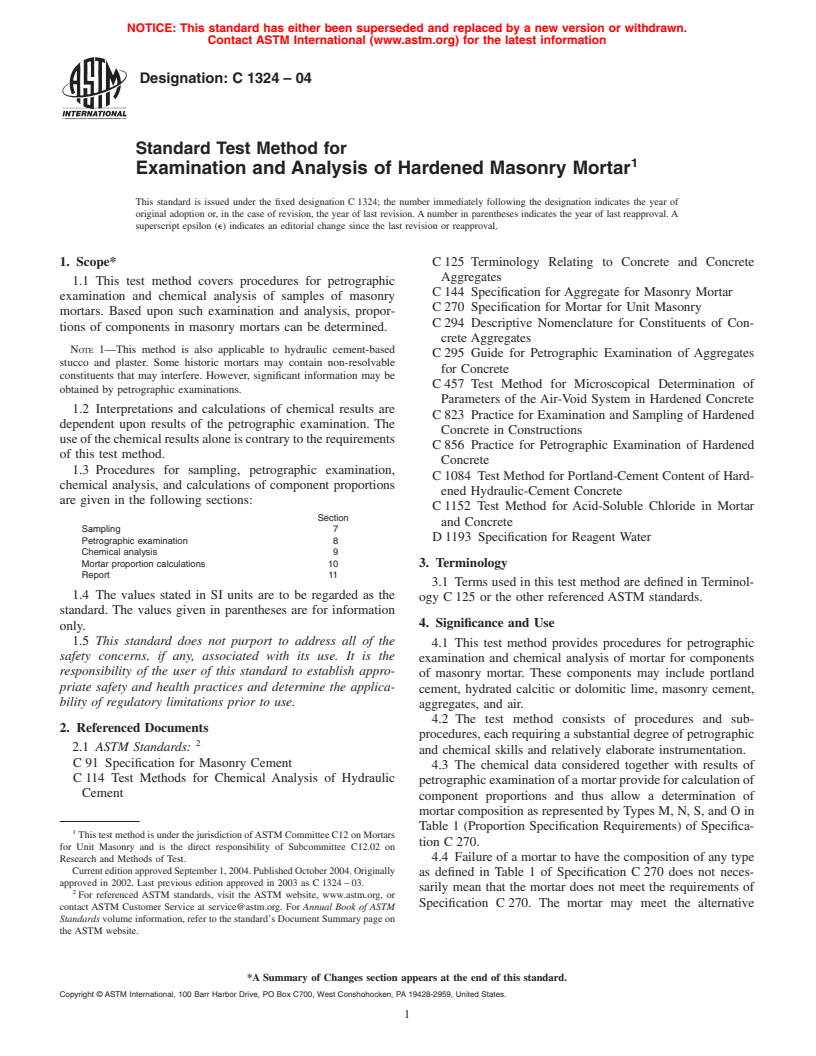 ASTM C1324-04 - Standard Test Method for Examination and Analysis of Hardened Masonry Mortar