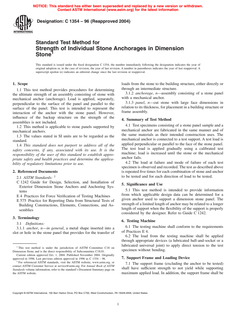 ASTM C1354-96(2004) - Standard Test Method for Strength of Individual Stone Anchorages in Dimension Stone