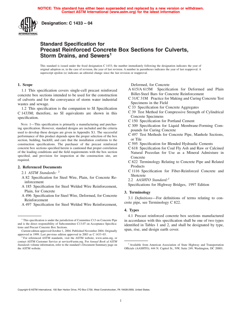 ASTM C1433-04 - Standard Specification for Precast Reinforced Concrete Box Sections for Culverts, Storm Drains, and Sewers