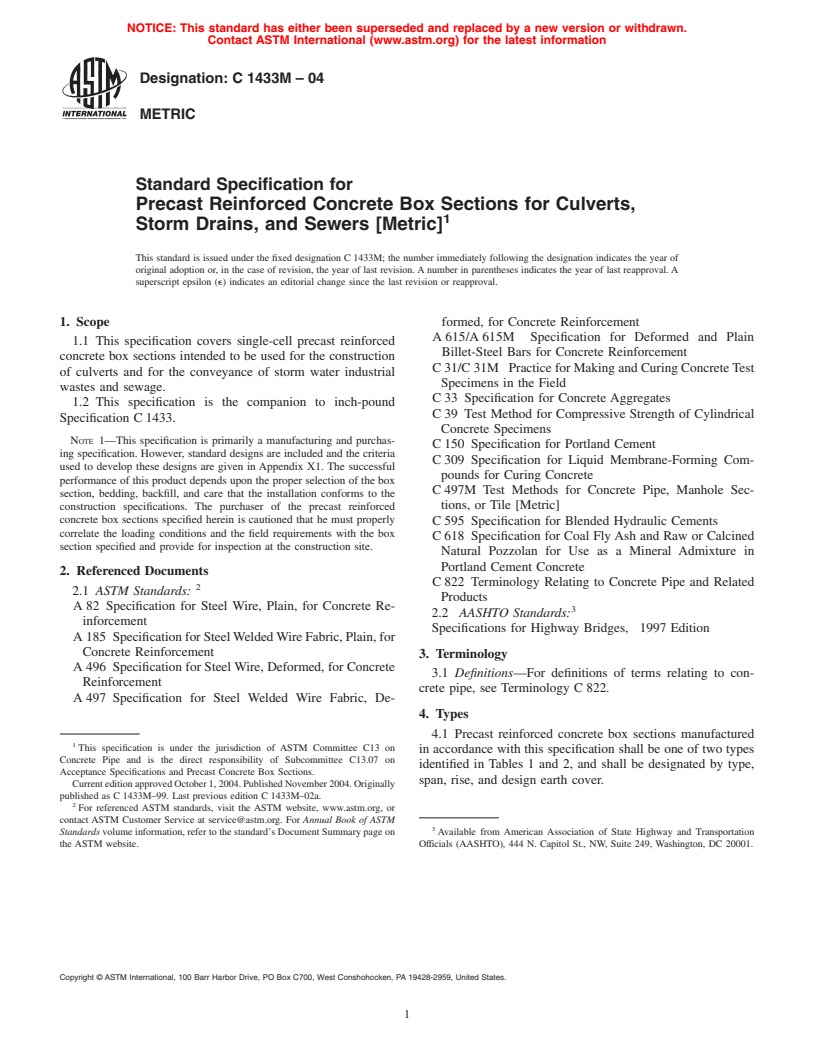 ASTM C1433M-04 - Standard Specification for Precast Reinforced Concrete Box Sections for Culverts, Storm Drains, and Sewers (Metric)