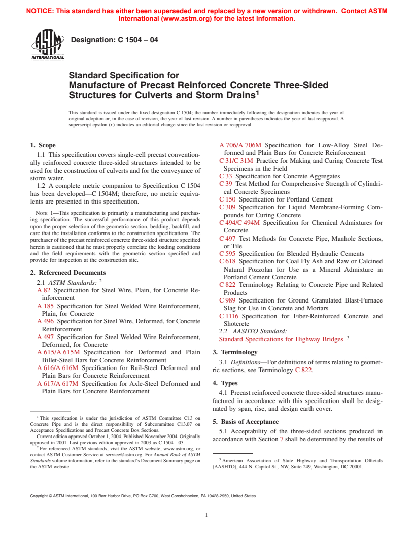 ASTM C1504-04 - Standard Specification for Manufacture of Precast Reinforced Concrete Three-Sided Structures for Culverts, Storm Drains