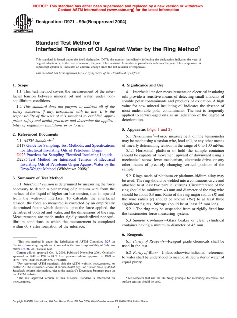 ASTM D971-99a(2004) - Standard Test Method for Interfacial Tension of Oil Against Water by the Ring Method