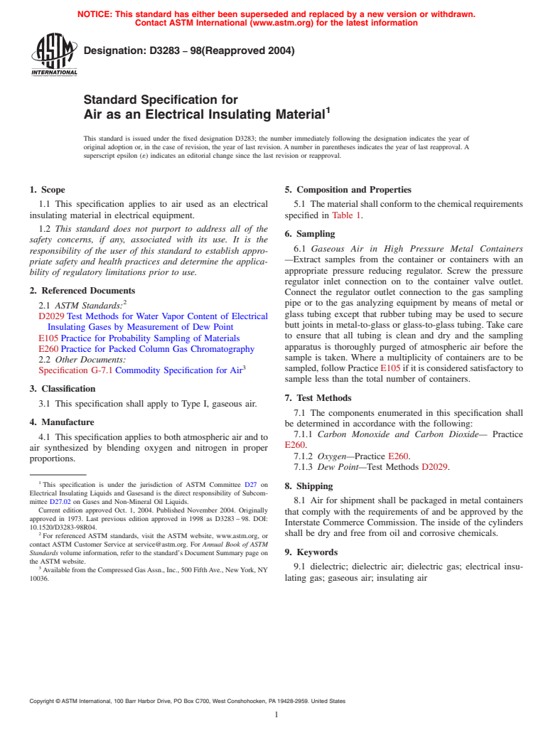 ASTM D3283-98(2004) - Standard Specification for Air as an Electrical Insulating Material