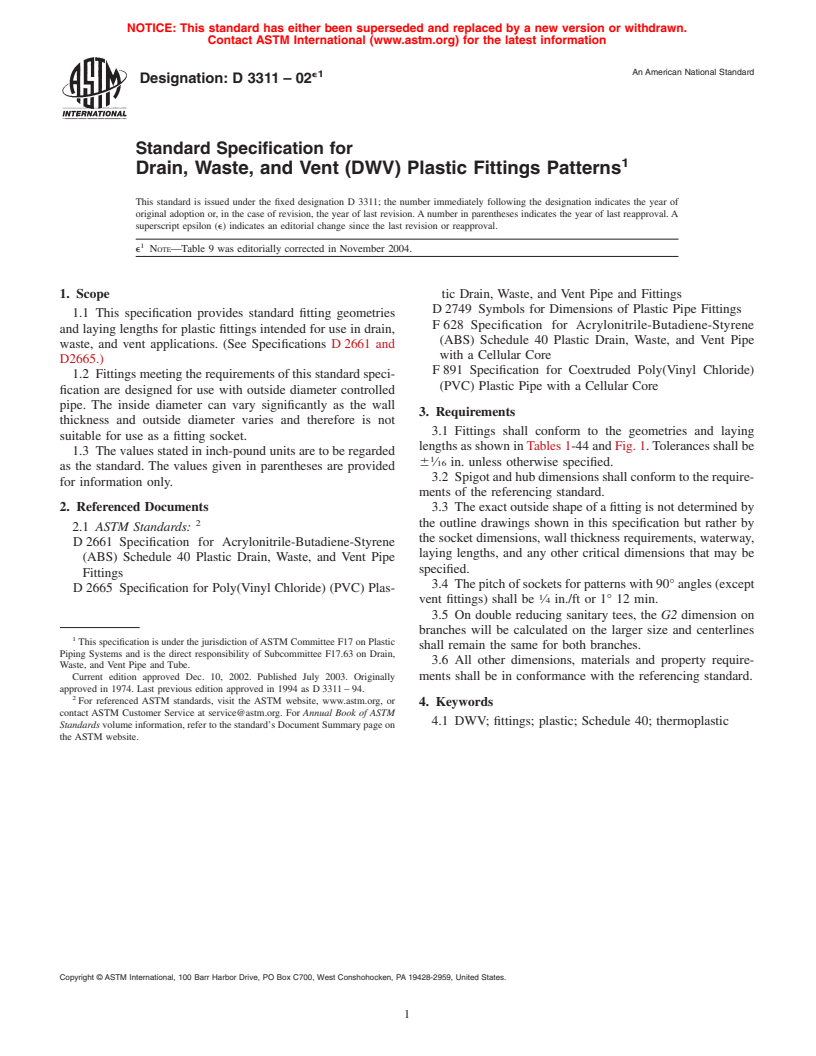 ASTM D3311-02e1 - Standard Specification for Drain, Waste, and Vent (DWV) Plastic Fittings Patterns