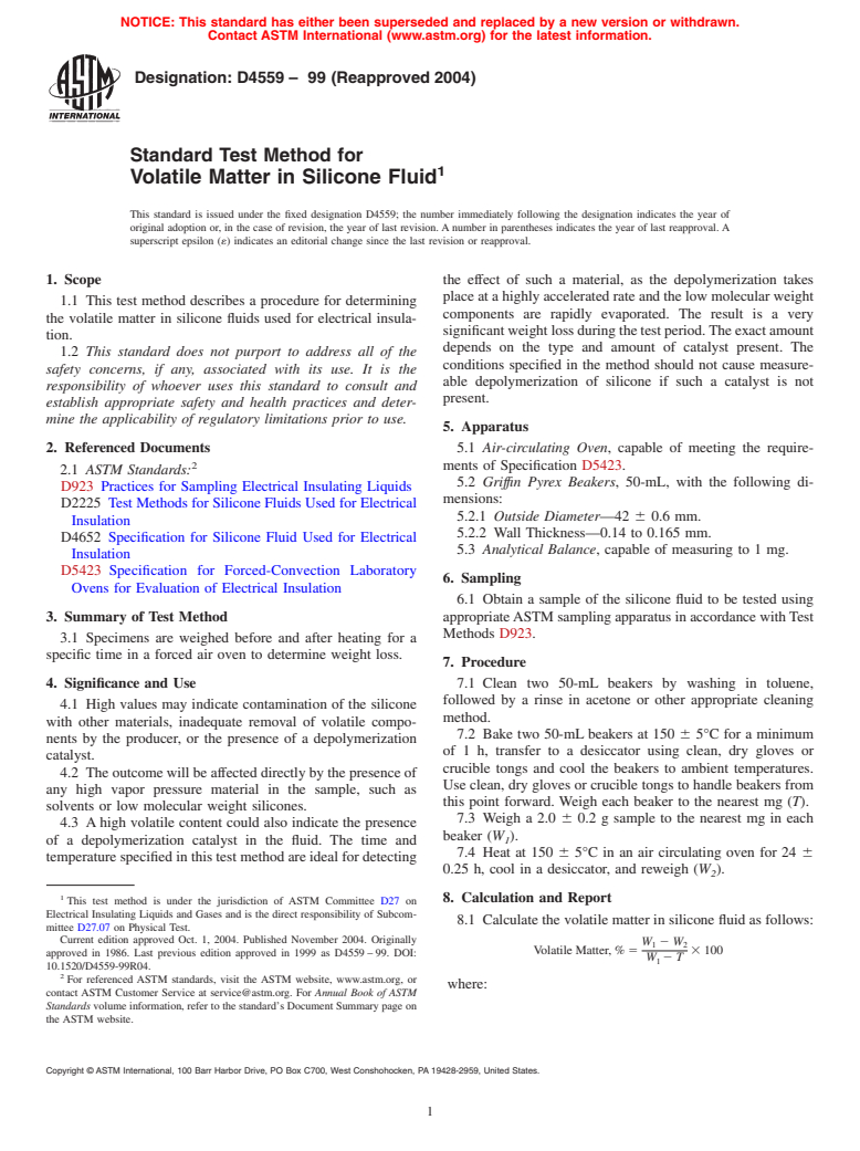 ASTM D4559-99(2004) - Standard Test Method for Volatile Matter in Silicone Fluid