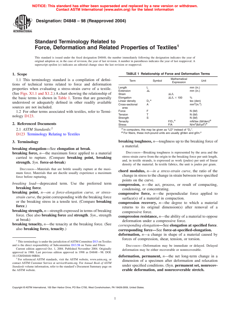 ASTM D4848-98(2004) - Standard Terminology of Force, Deformation and Related Properties of Textiles