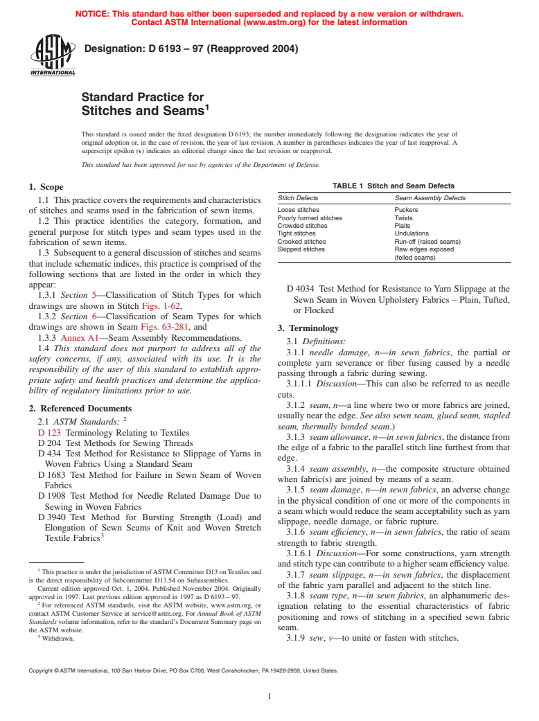 ASTM D6193-97(2004) - Standard Practice for Stitches and Seams