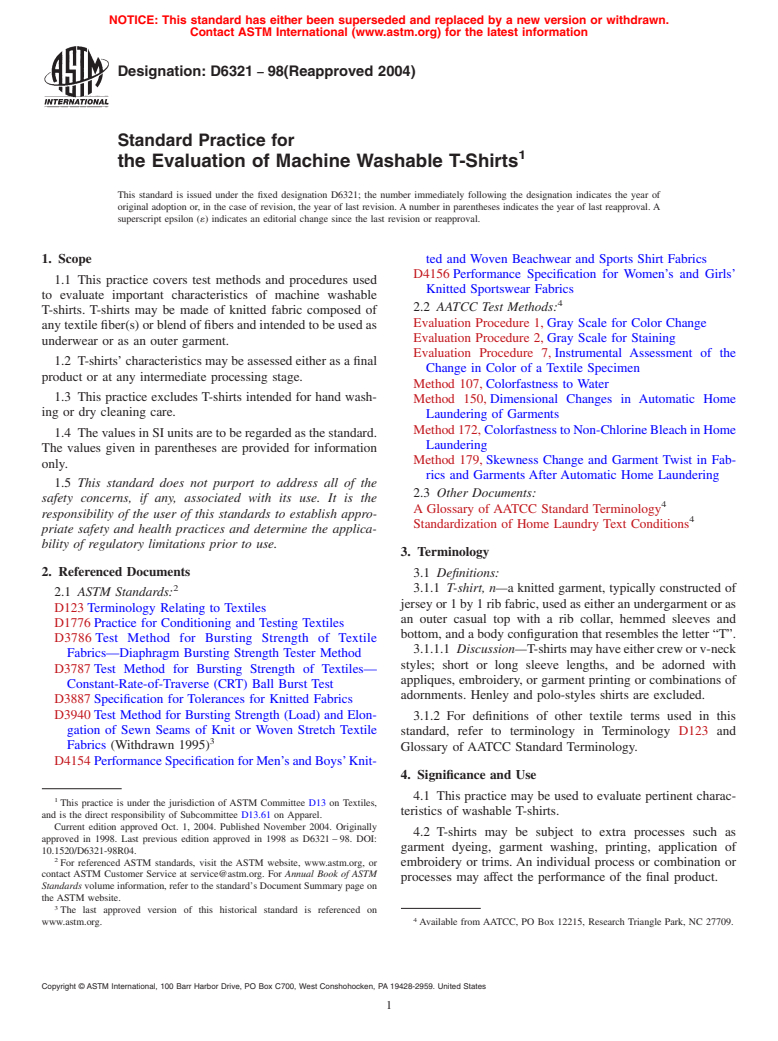 ASTM D6321-98(2004) - Standard Practice for the Evaluation of Machine Washable T-Shirts