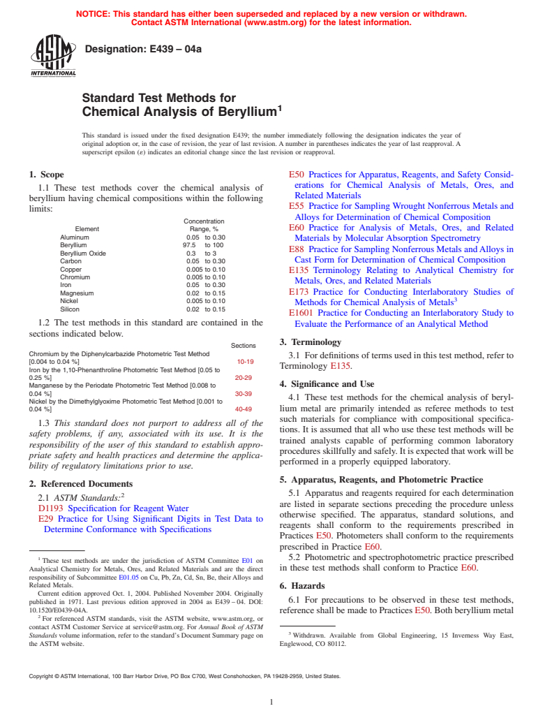 ASTM E439-04a - Standard Test Methods for Chemical Analysis of Beryllium