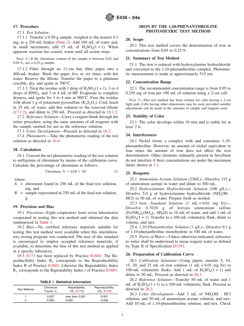 ASTM E439-04a - Standard Test Methods for Chemical Analysis of Beryllium