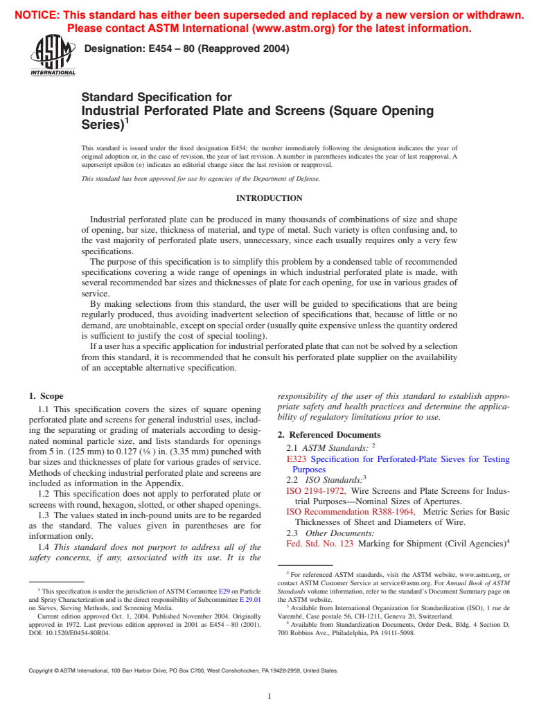 ASTM E454-80(2004) - Standard Specification for Industrial Perforated Plate and Screens (Square Opening Series)