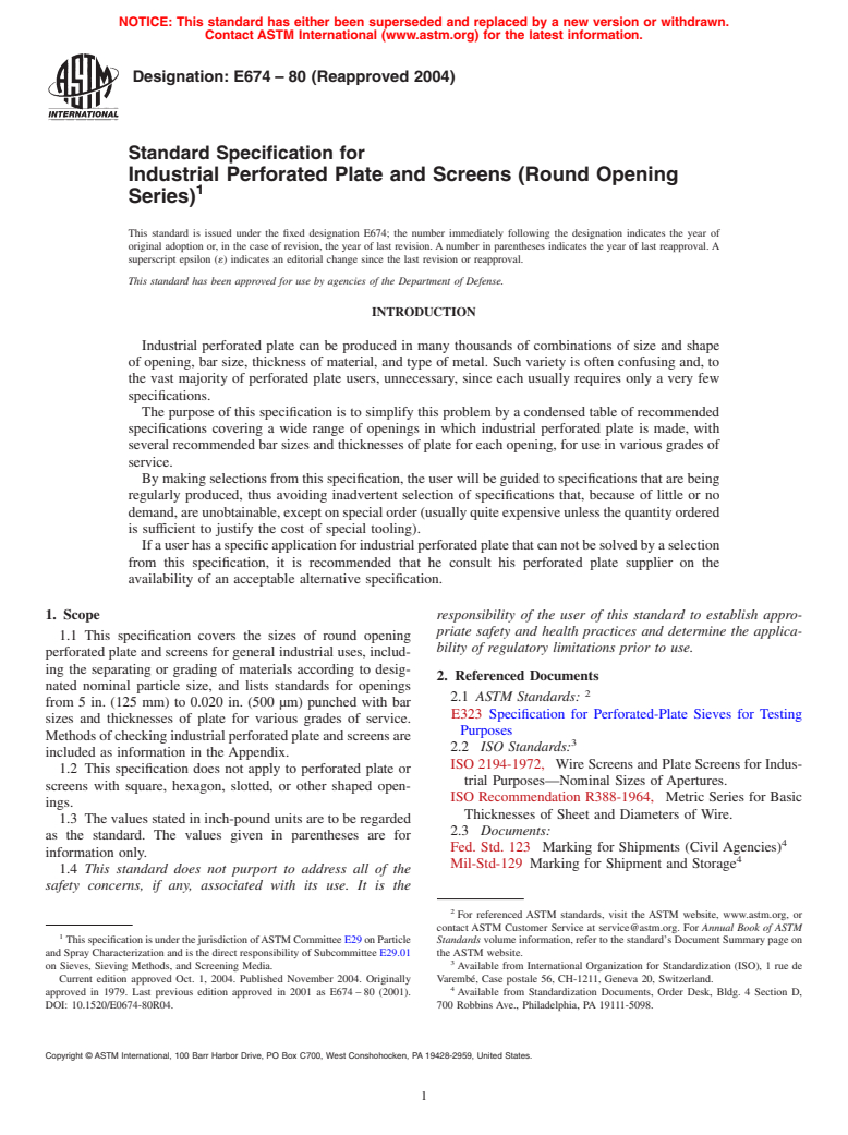 ASTM E674-80(2004) - Standard Specification for Industrial Perforated Plate and Screens (Round Opening Series)