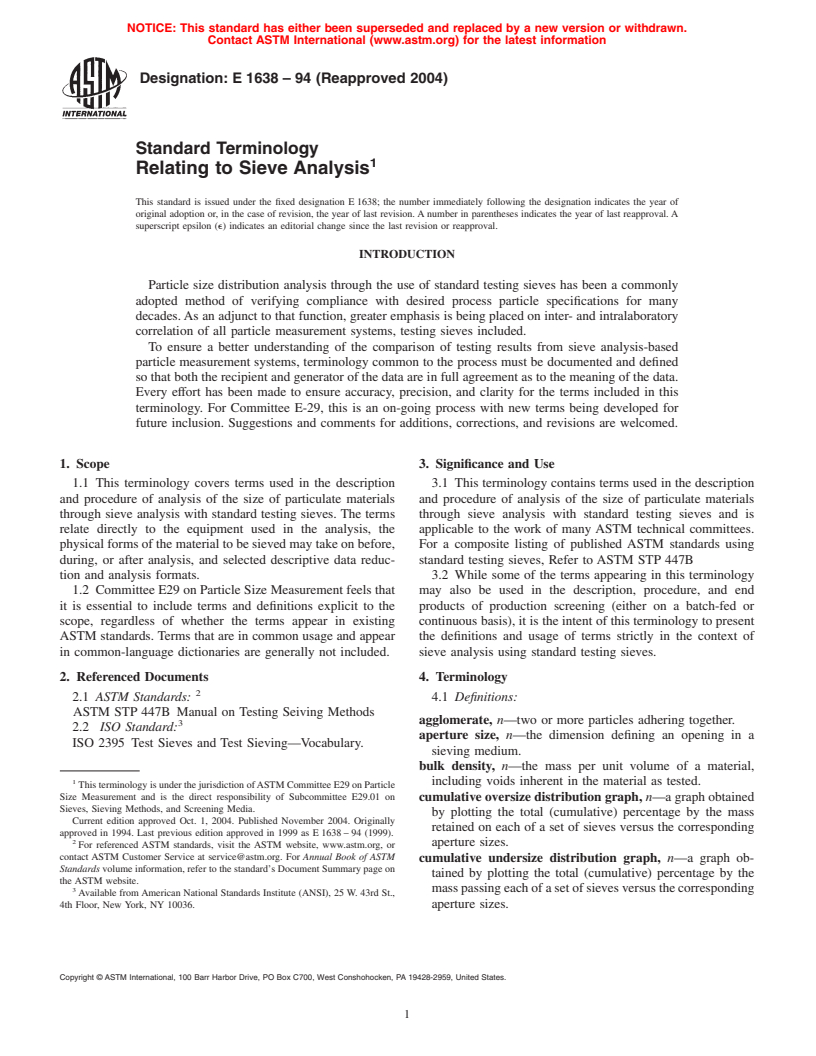 ASTM E1638-94(2004) - Standard Terminology Relating to Sieve Analysis