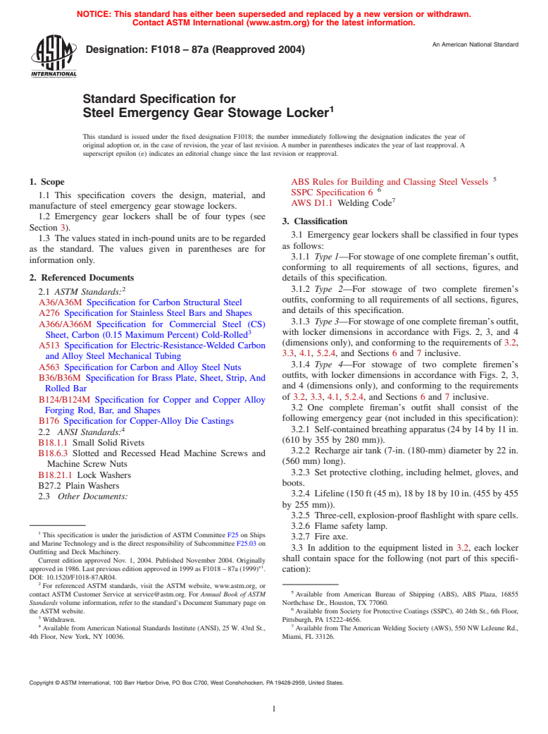 ASTM F1018-87a(2004) - Standard Specification for Steel Emergency Gear Stowage Locker