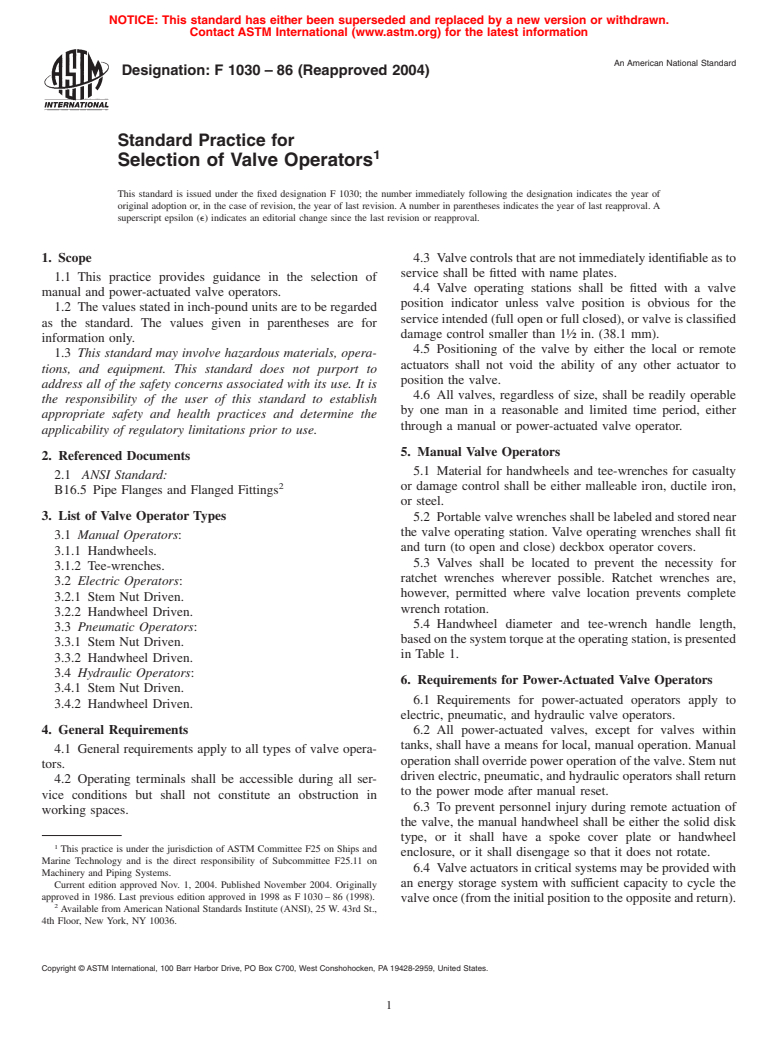 ASTM F1030-86(2004) - Standard Practice for Selection of Valve Operators