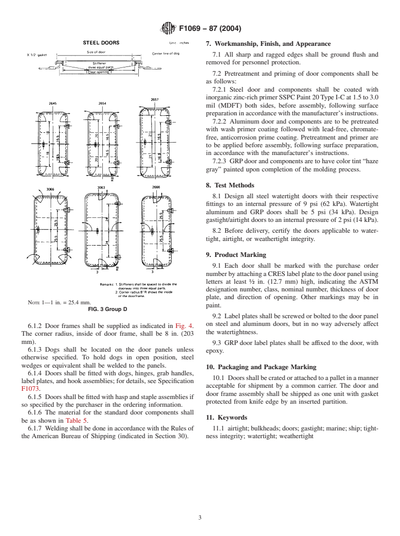 ASTM F1069-87(2004) - Standard Specification for Doors, Watertight, Gastight/Airtight and Weathertight, Individually Dogged, for Marine Use