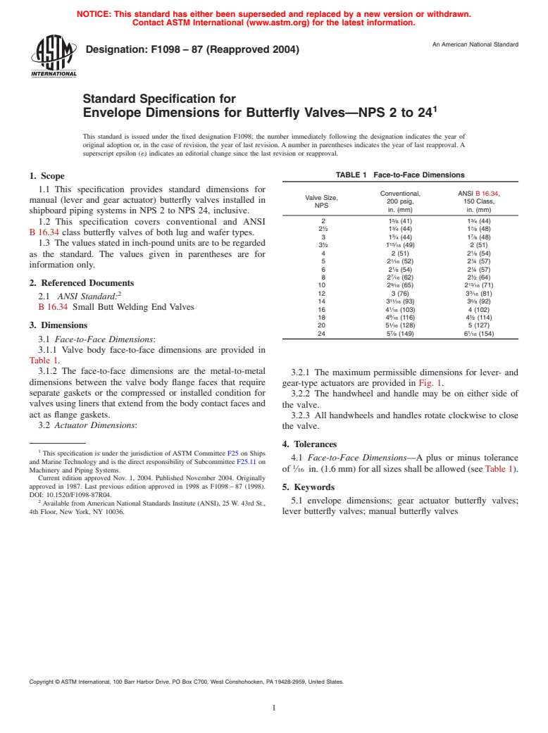 ASTM F1098-87(2004) - Standard Specification for Envelope Dimensions for Butterfly Valves-NPS 2 to 24