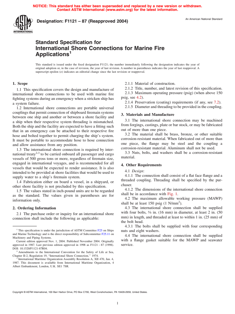 ASTM F1121-87(2004) - Standard Specification for International Shore Connections for Marine Fire Applications