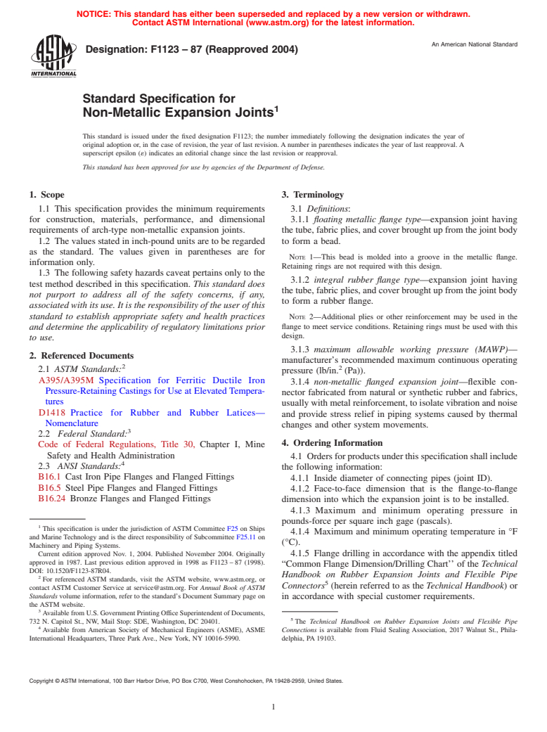 ASTM F1123-87(2004) - Standard Specification for Non-Metallic Expansion Joints