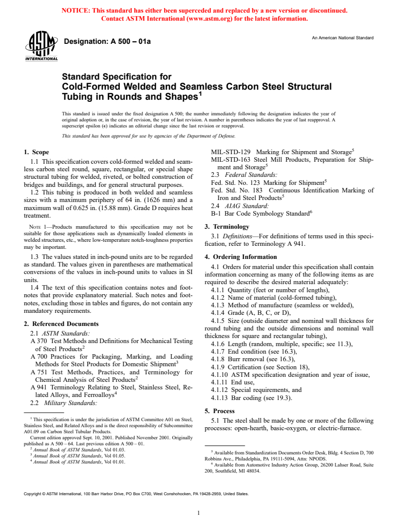 ASTM A500-01a - Standard Specification for Cold-Formed Welded and Seamless Carbon Steel Structural Tubing in Rounds and Shapes