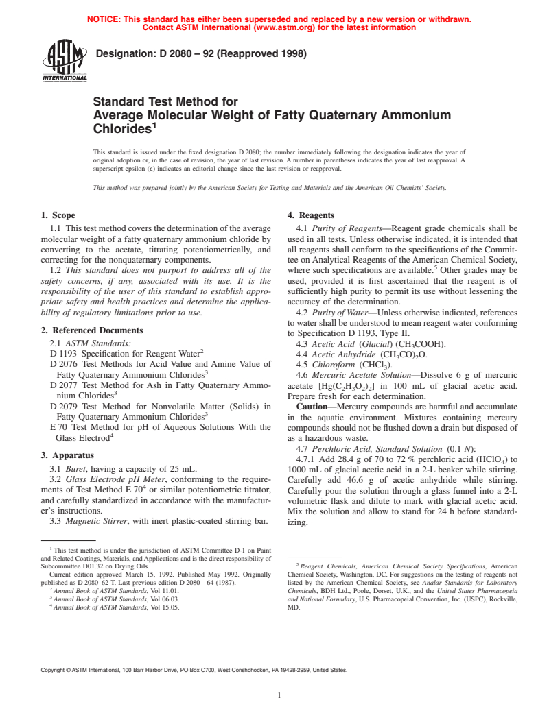 ASTM D2080-92(1998) - Standard Test Method for Average Molecular Weight of Fatty Quaternary Ammonium Chlorides (Withdrawn 2007)