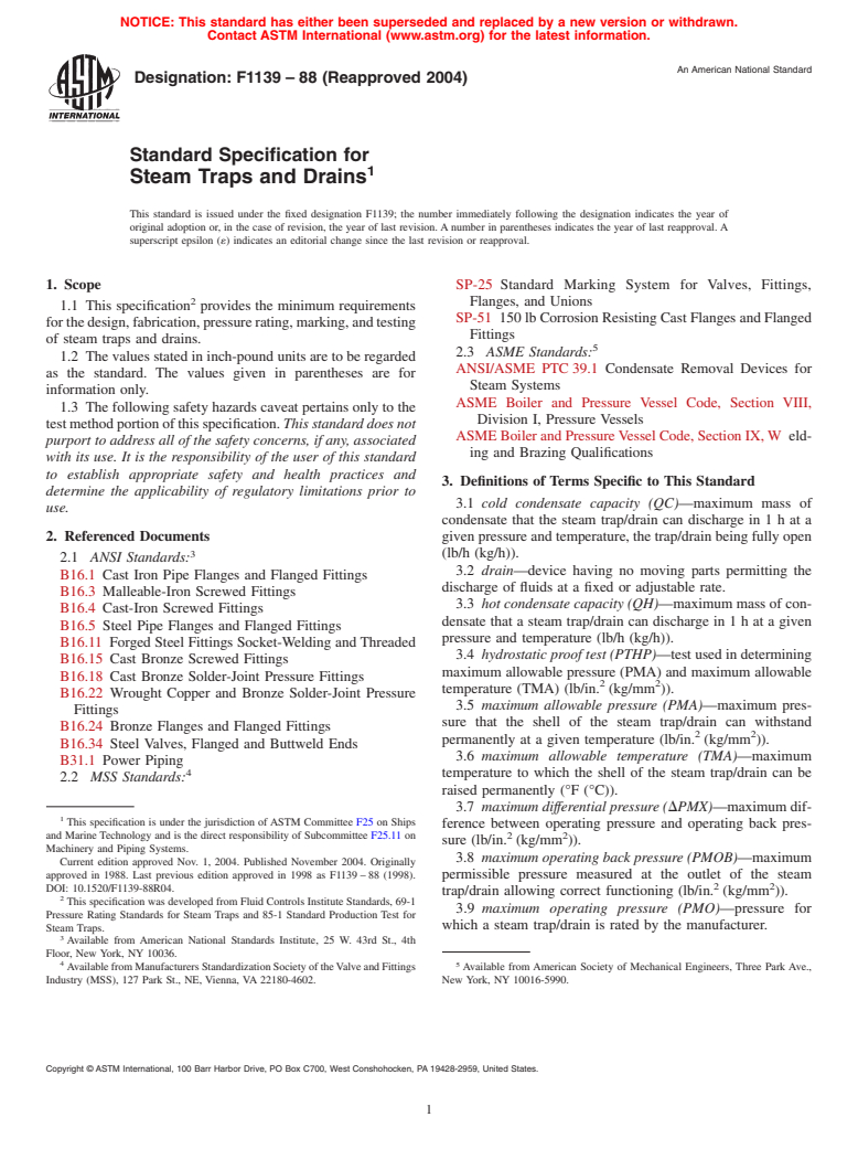 ASTM F1139-88(2004) - Standard Specification for Steam Traps and Drains