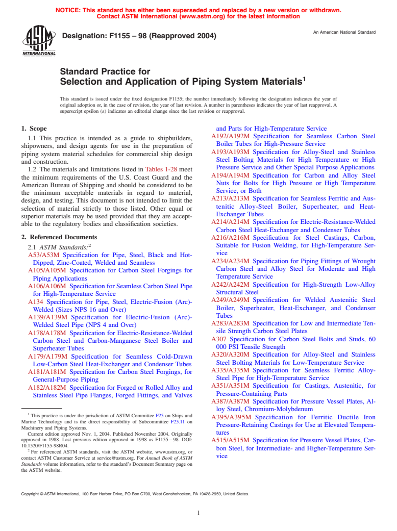 ASTM F1155-98(2004) - Standard Practice for Selection and Application of Piping System Materials
