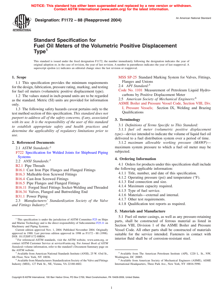 ASTM F1172-88(2004) - Standard Specification for Fuel Oil Meters of the Volumetric Positive Displacement Type