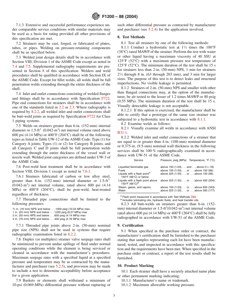 ASTM F1200-88(2004) - Standard Specification for Fabricated (Welded) Pipe Line Strainers (Above 150 psig and 150&#176F)