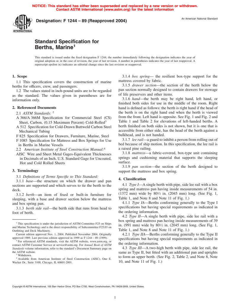 ASTM F1244-89(2004) - Standard Specification for Berths, Marine