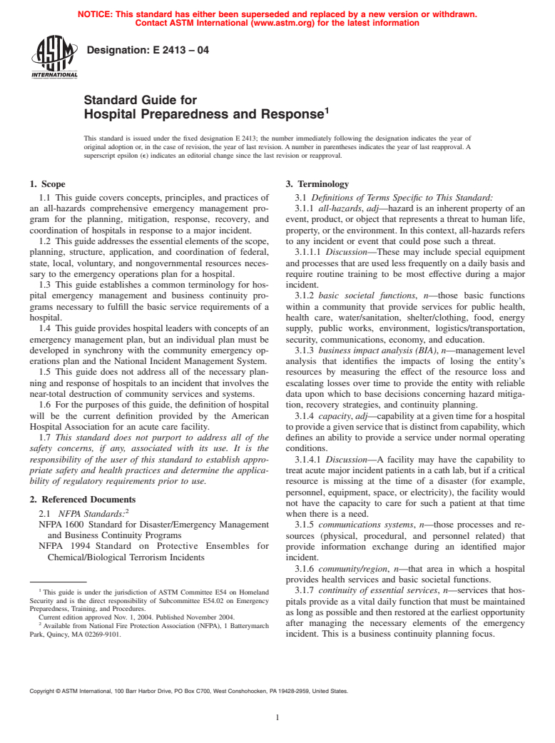 ASTM E2413-04 - Standard Guide for Hospital Preparedness and Response