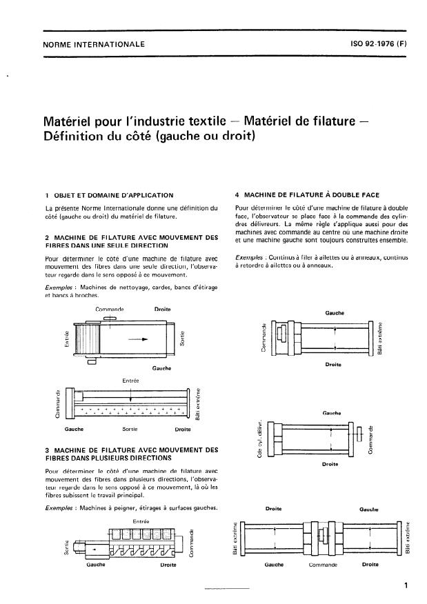 ISO 92:1976 - Matériel pour l'industrie textile -- Matériel de filature -- Définition du côté (gauche ou droit)